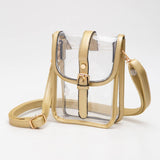 Clear crossbody bag with gold faux leather trim and belt buckle accent, perfect for stadium entry.