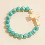 Cross Charm Glass Beaded Stretch Bracelet in Pastel Multicolor