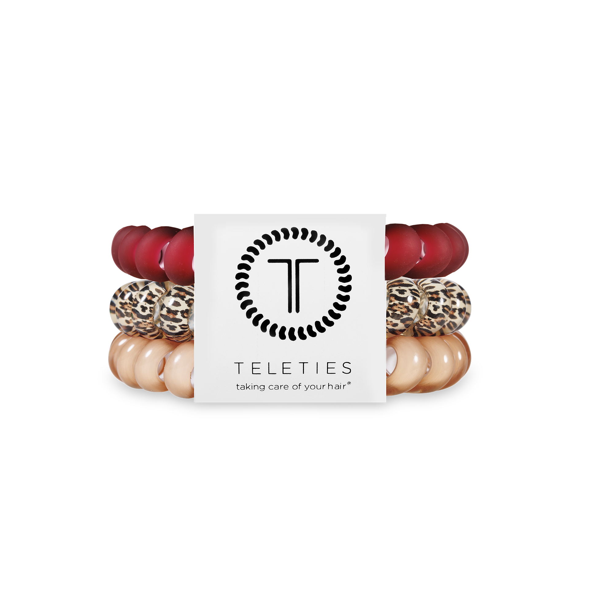 Set of three large spiral hair ties in burgundy and beige Wild Side design.