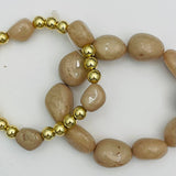 Double Stone Stack bracelet set in beige and gold, stretch design with asymmetrical resin stones and gold beads