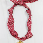 Garnet satin scarf necklace with gold micro-pattern and puff heart charm pendant