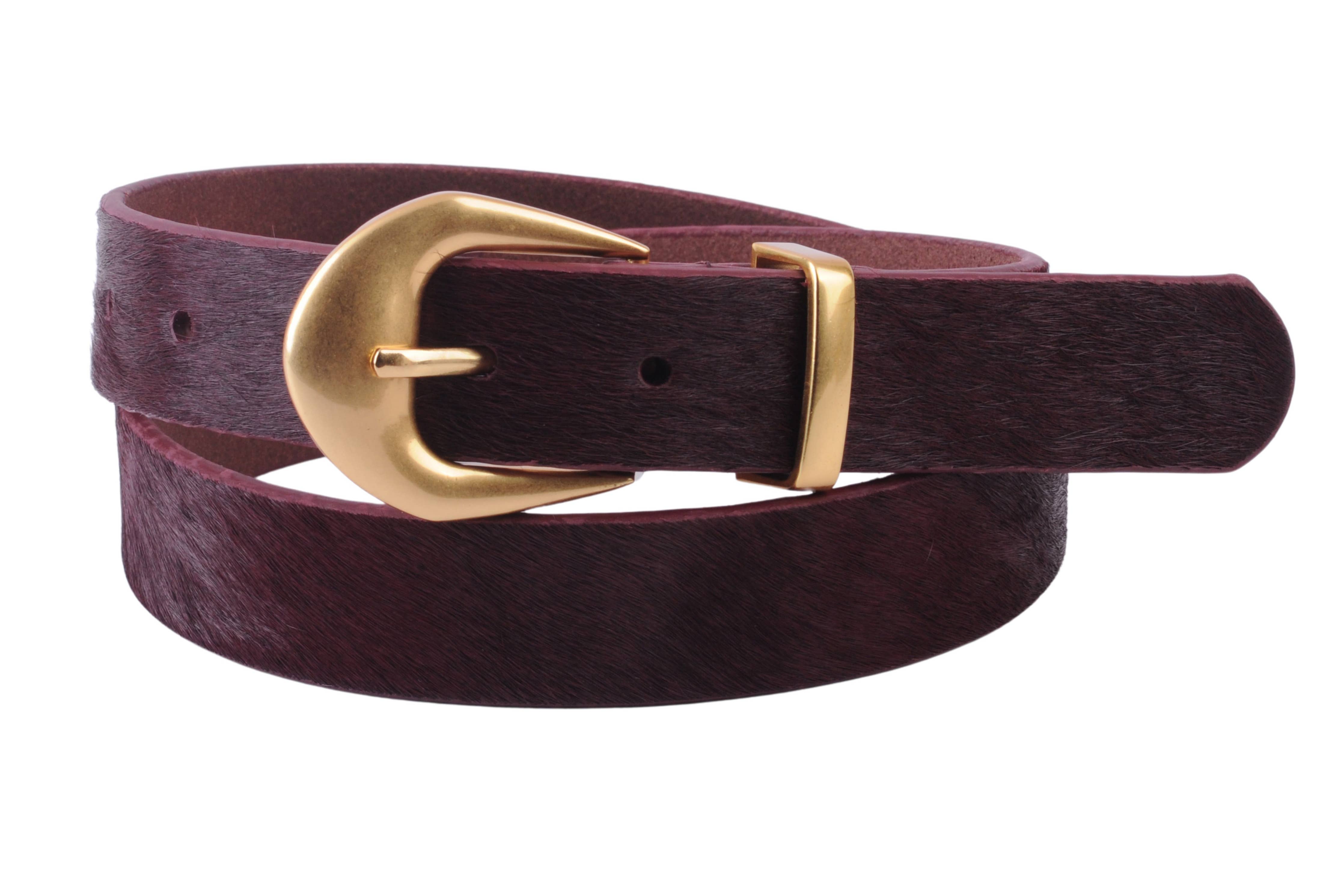 Garnet calf hair belt with polished gold brass buckle.