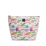 Large cosmetic travel bag with vibrant pagoda-inspired print featuring colorful lanterns, palm trees, bridges, and willow trees with bamboo zipper pull.