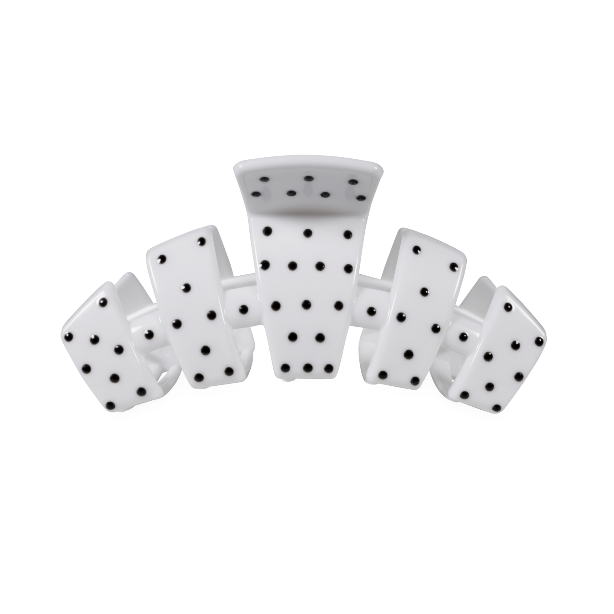 White medium claw clip with a black polka dot pattern.