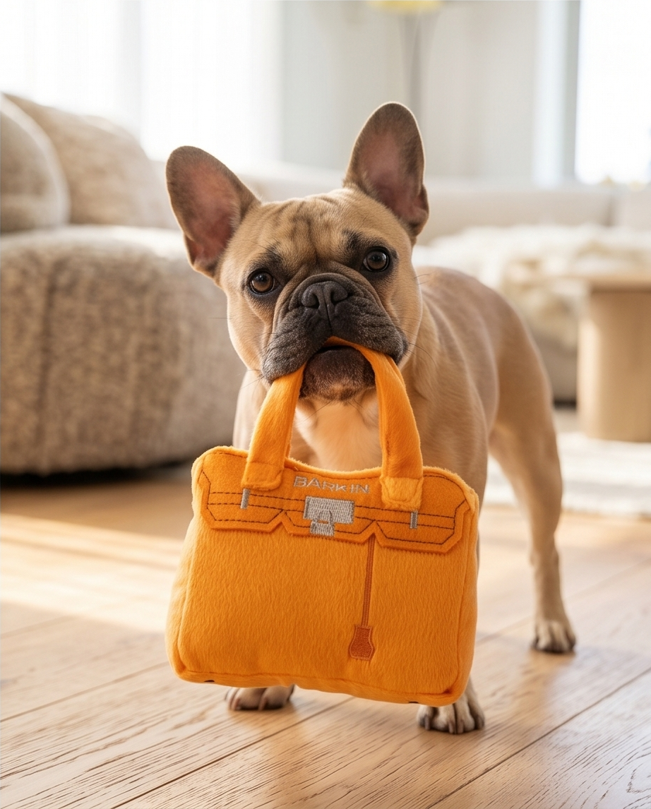 Bright orange plush handbag-shaped dog toy with a built-in squeaker.