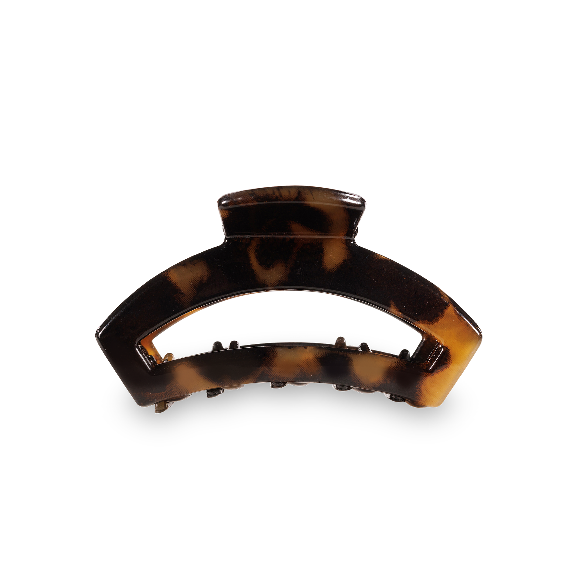 TELETIES tiny open hair clip in tortoise black and brown finish.