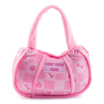 Pink checker plush handbag-shaped dog toy with a squeaker.