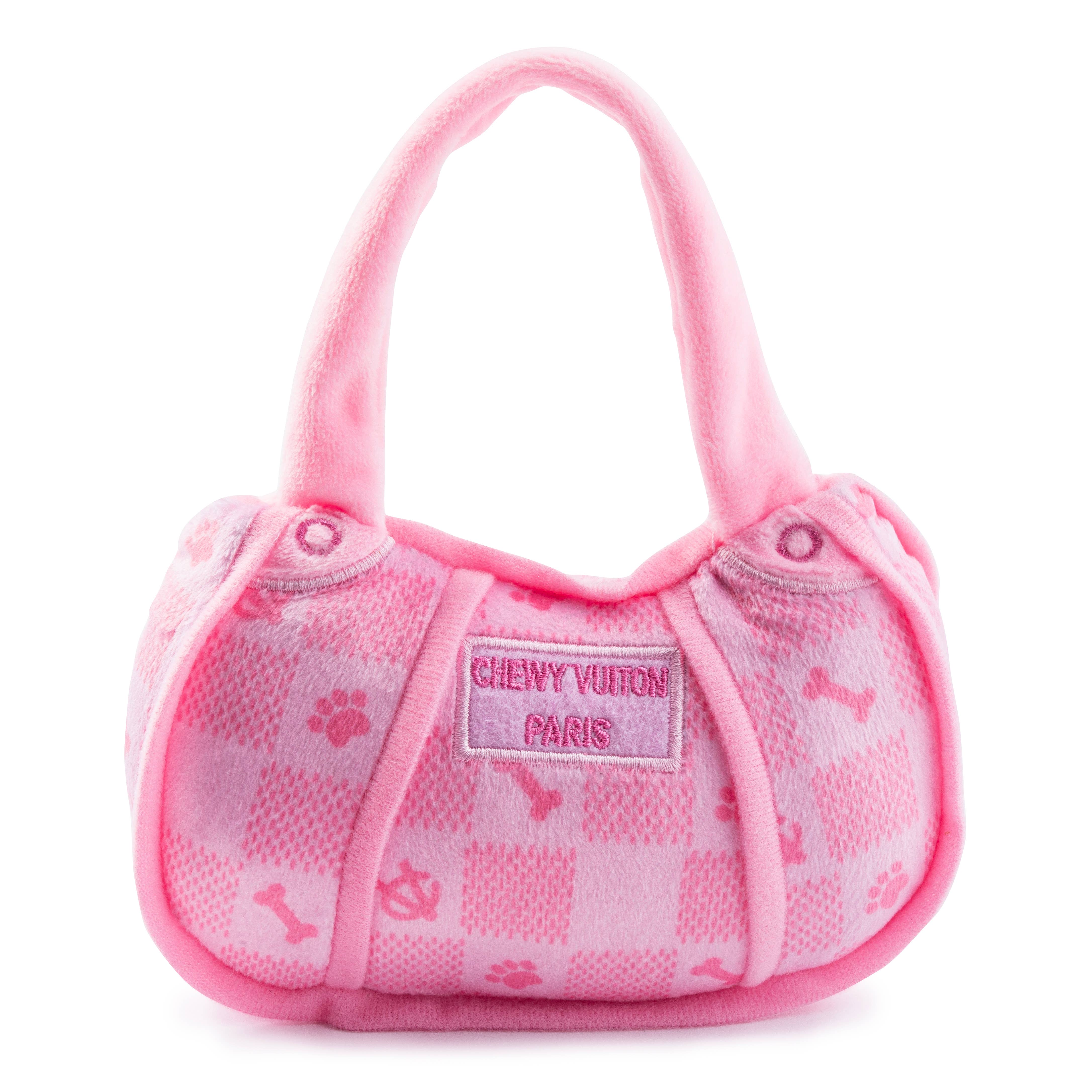 Pink checker plush handbag-shaped dog toy with a squeaker.