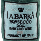 Plush Pawsecco bottle-shaped dog toy with a narrow neck and hidden squeaker.