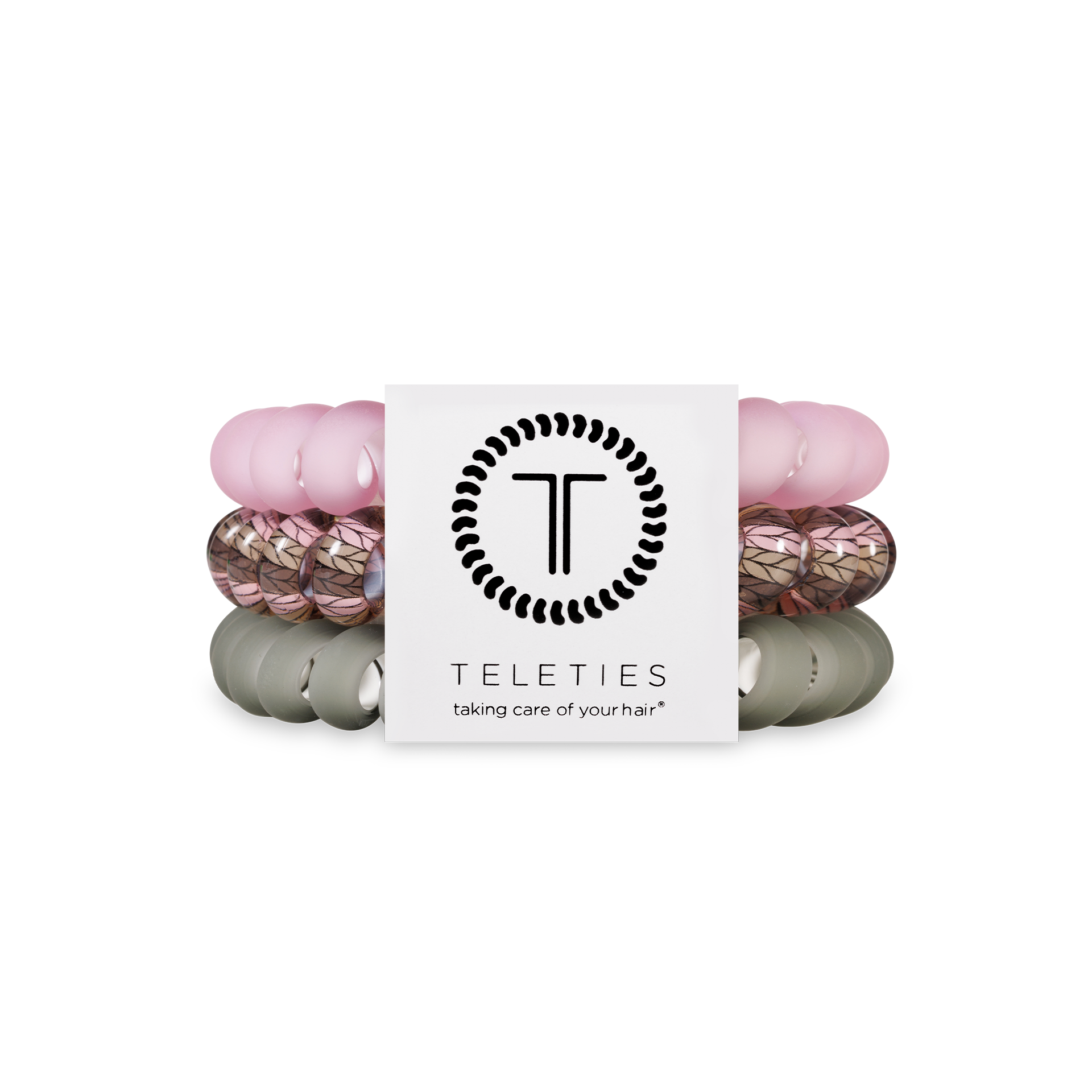Set of three large spiral hair ties in pink and sage Sage It Ain’t So design.