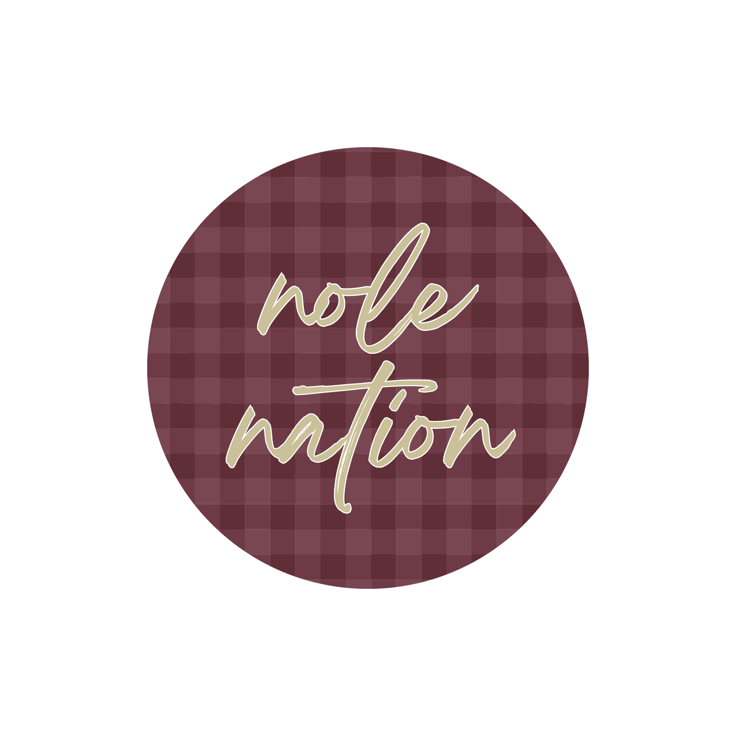 Garnet gingham round button featuring “Nole Nation” in gold cursive lettering.