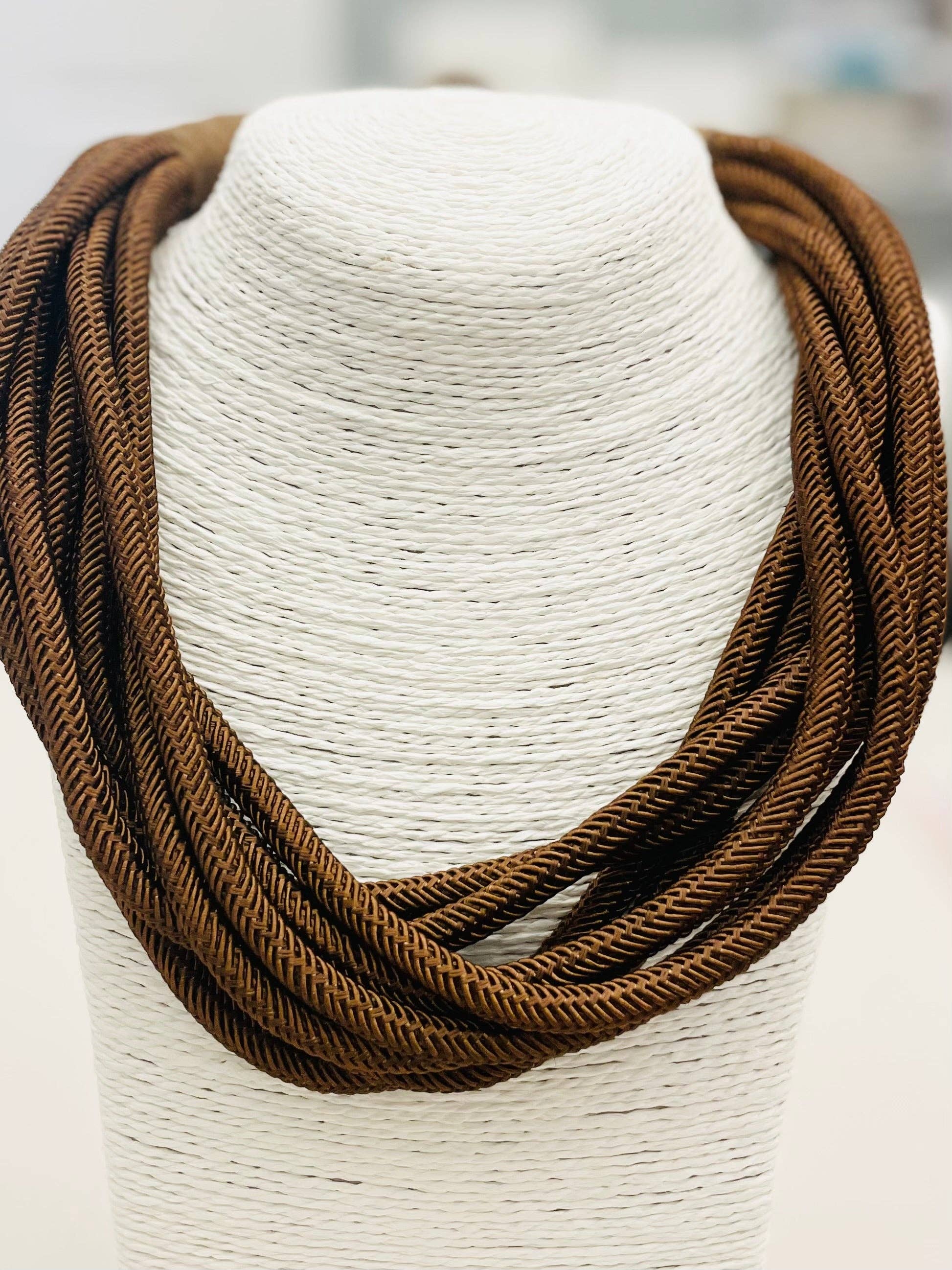 Rachel Rope Necklace in espresso brown, braided rope design, slip-on style, lightweight and versatile accessory