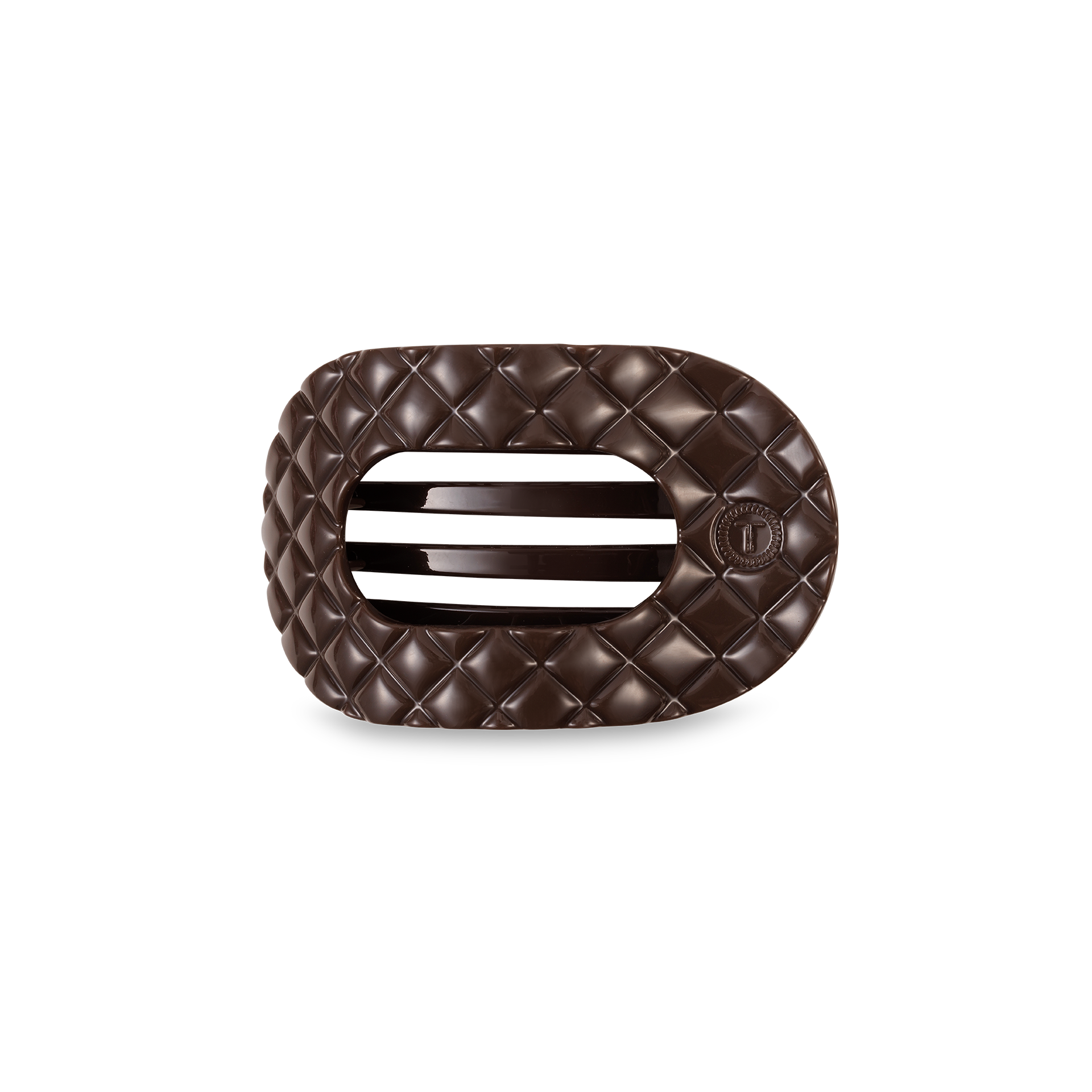 TELETIES small flat round hair clip in taupe quilted design.