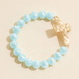 Cross Charm Glass Beaded Stretch Bracelet in Pastel Multicolor