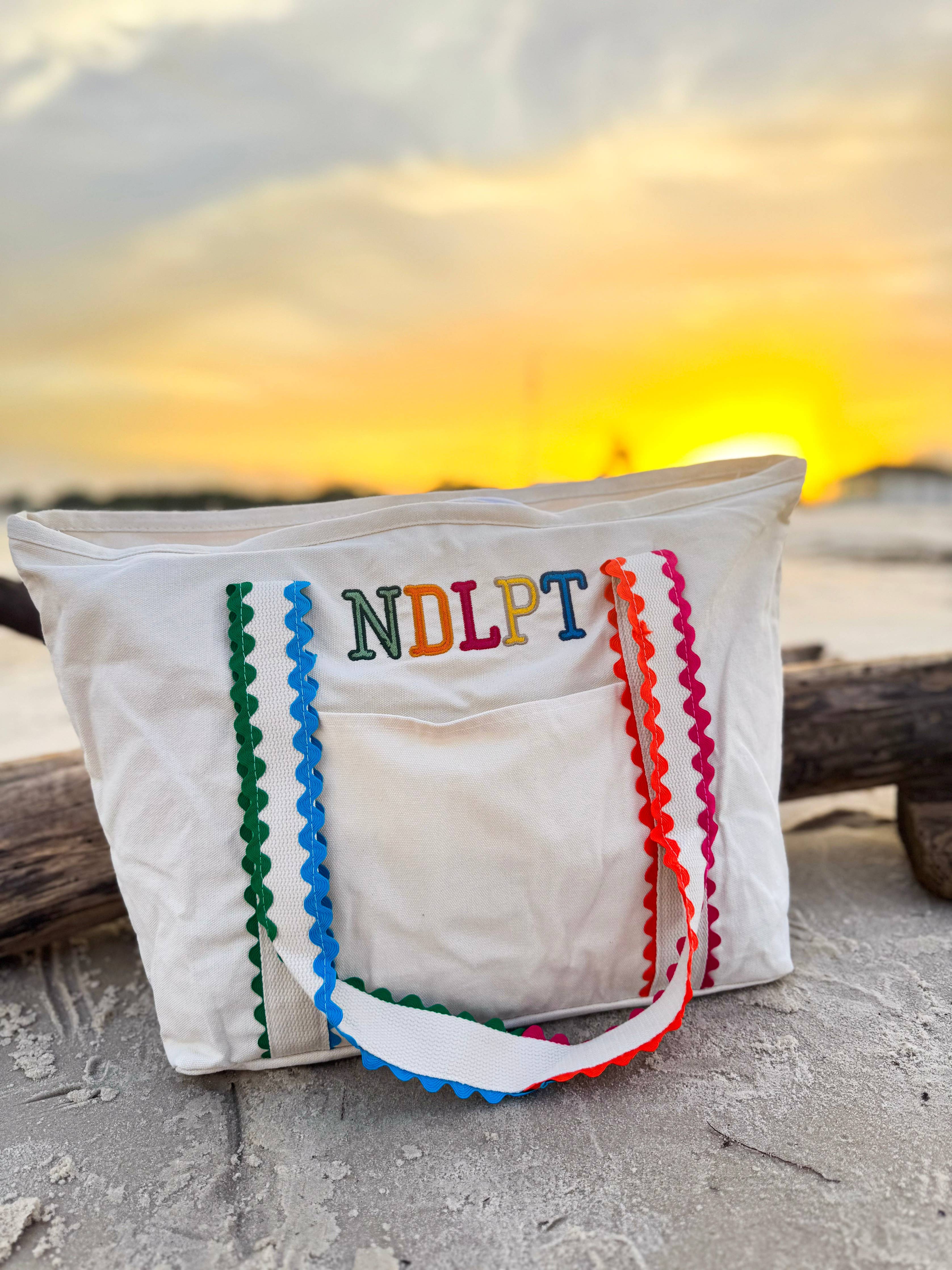 Lightweight canvas NDLPT project tote with embroidered design, colorful ric-rac shoulder straps, zip-top closure, and exterior pocket