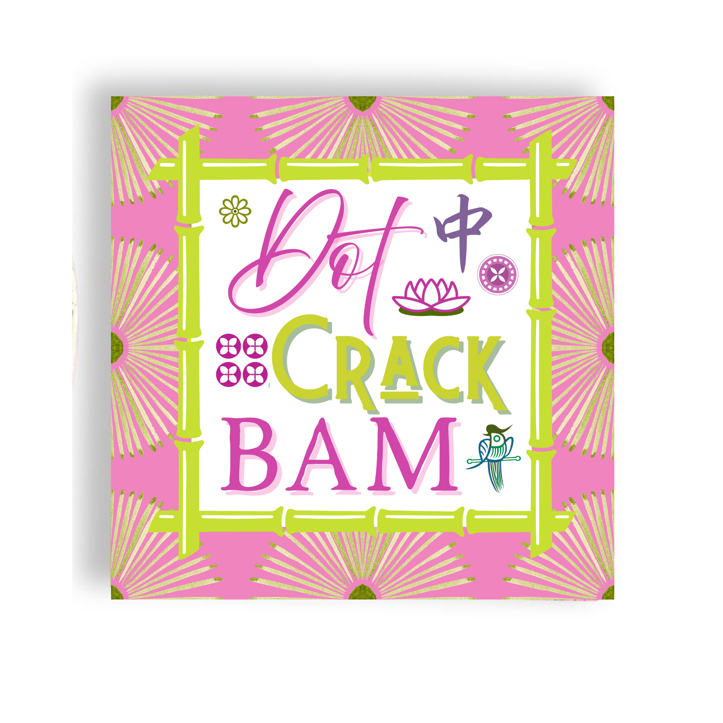 Pink and green psychedelic Mahjong cocktail napkins with bold bamboo-inspired design