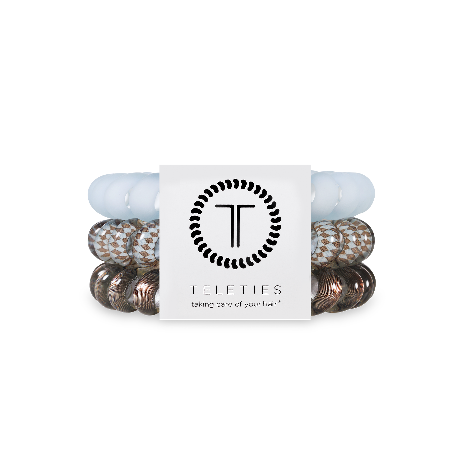 Set of three large spiral hair ties in blue and taupe Truly Taupe design.