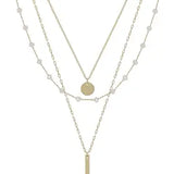 Gold Bar Triple Layer with White Crystal Accents Necklace