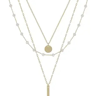 Gold Bar Triple Layer with White Crystal Accents Necklace