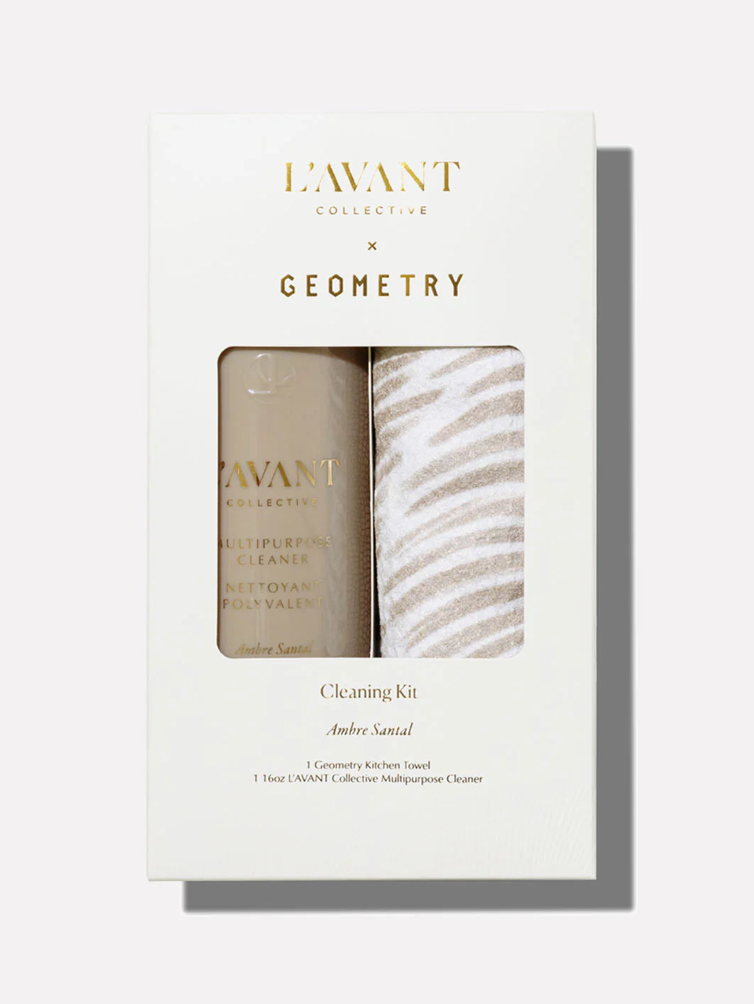 L'AVANT x Geometry Cleaning Kit with Ambre Santal Multipurpose Surface Cleaner and eco-friendly Geometry Kitchen Towel.