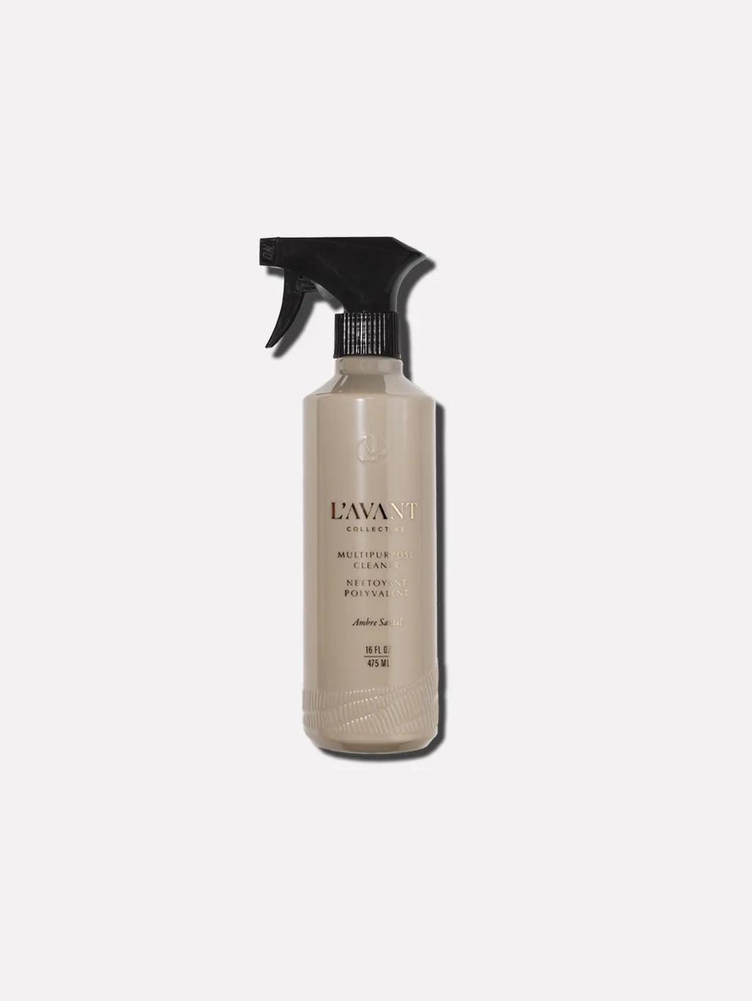 L'AVANT Ambre Santal Multipurpose Surface Cleaner in a reusable recycled plastic spray bottle for non-porous household surfaces.