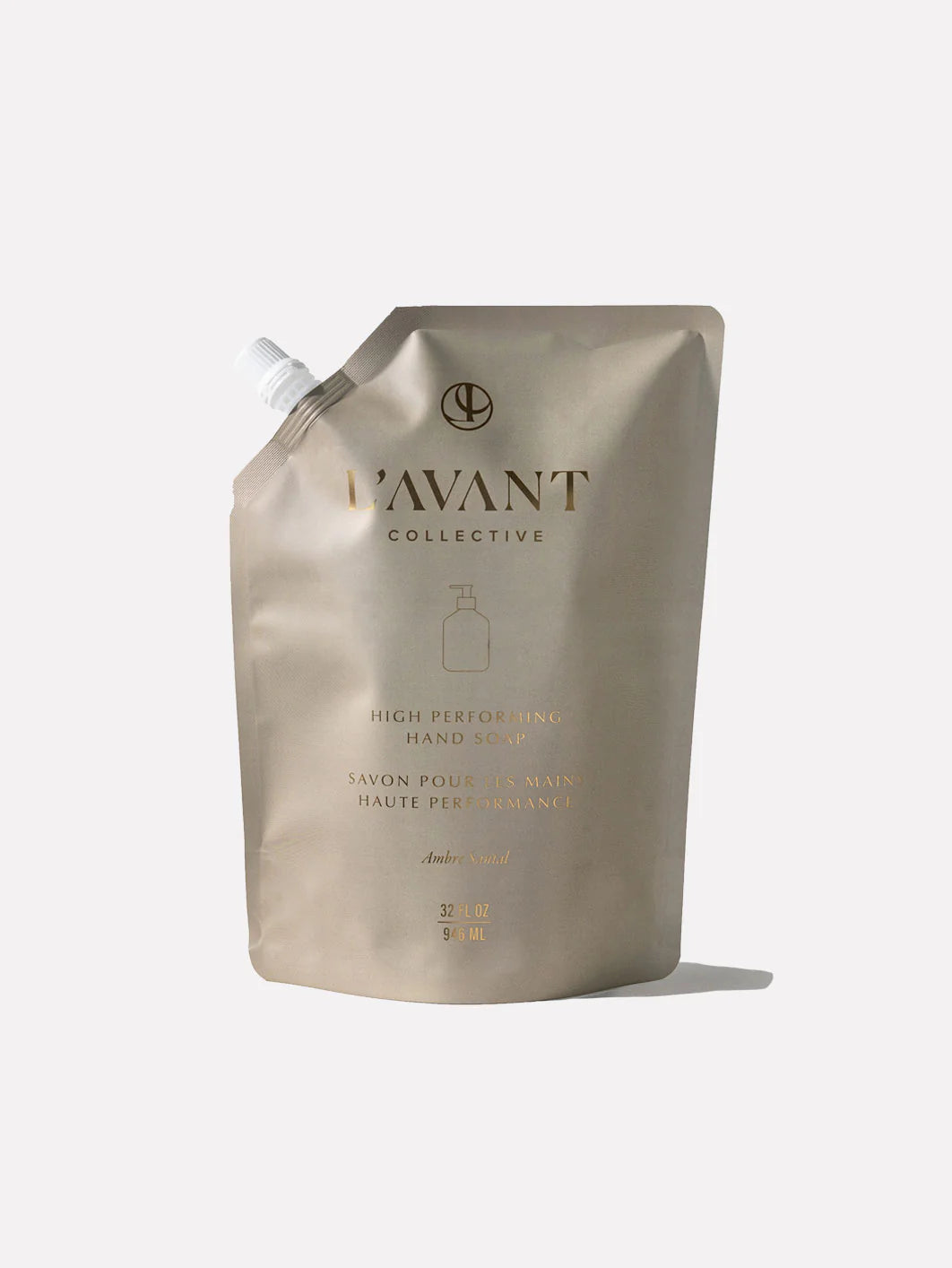 L'AVANT Ambre Santal Hand Soap Refill pouch with plant-based ingredients and warm sandalwood-inspired fragrance.