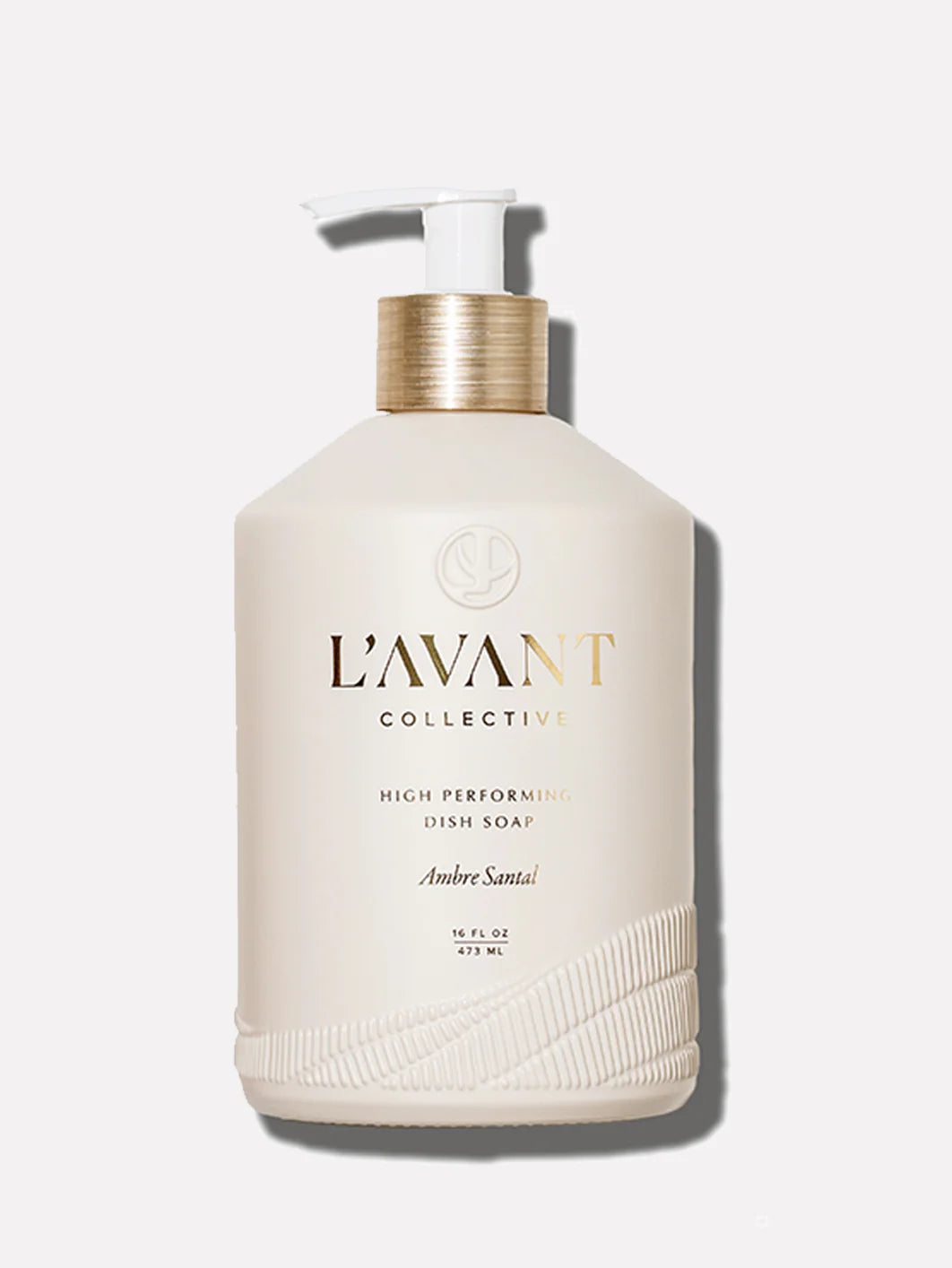 L'AVANT Ambre Santal Dish Soap in refillable glass bottle with plant-based cleaning formula and warm sandalwood fragrance.