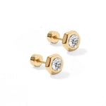  Addison Clear Stone Stud Earrings featuring 8mm gold hexagon studs with a clear CZ stone center