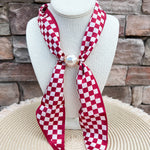 Alabama Crimson Tide magnetic pearl scarf necklace featuring a silky white and burgundy checkerboard scarf with a magnetic pearl clasp.