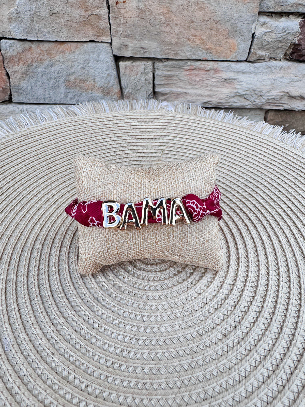 Alabama Crimson Tide adjustable bandana slider bracelet featuring a bandana-print fabric band with gold Alabama letter charms.