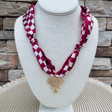 Alabama Crimson Tide scarf necklace featuring a silky white and crimson checkerboard scarf with a polished gold elephant charm.