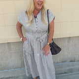 Autumn Lane brown and white striped collared dress with waist tie