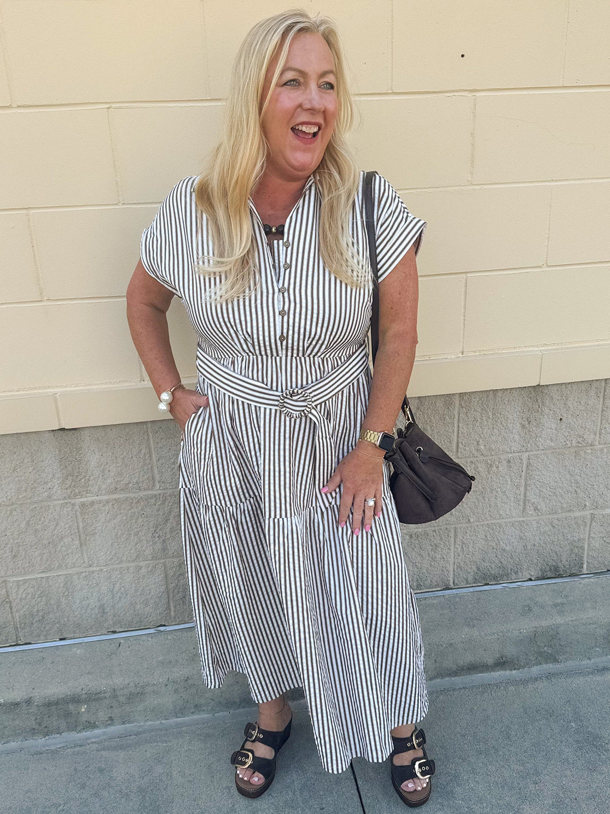 Autumn Lane brown and white striped collared dress with waist tie