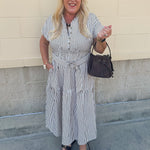 Autumn Lane brown and white striped collared dress with waist tie