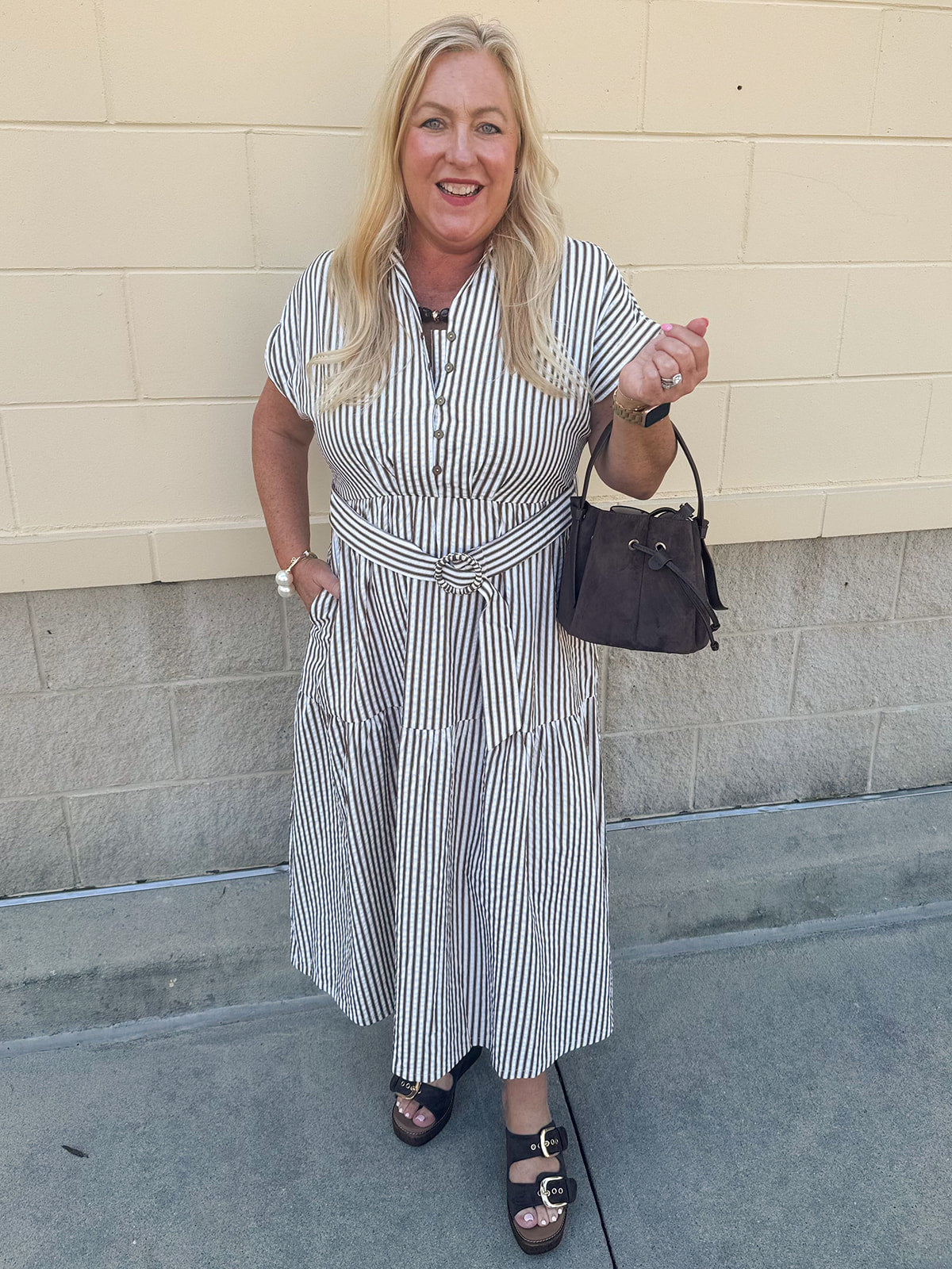 Autumn Lane brown and white striped collared dress with waist tie