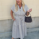 Autumn Lane brown and white striped collared dress with waist tie
