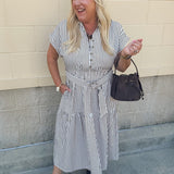 Autumn Lane brown and white striped collared dress with waist tie