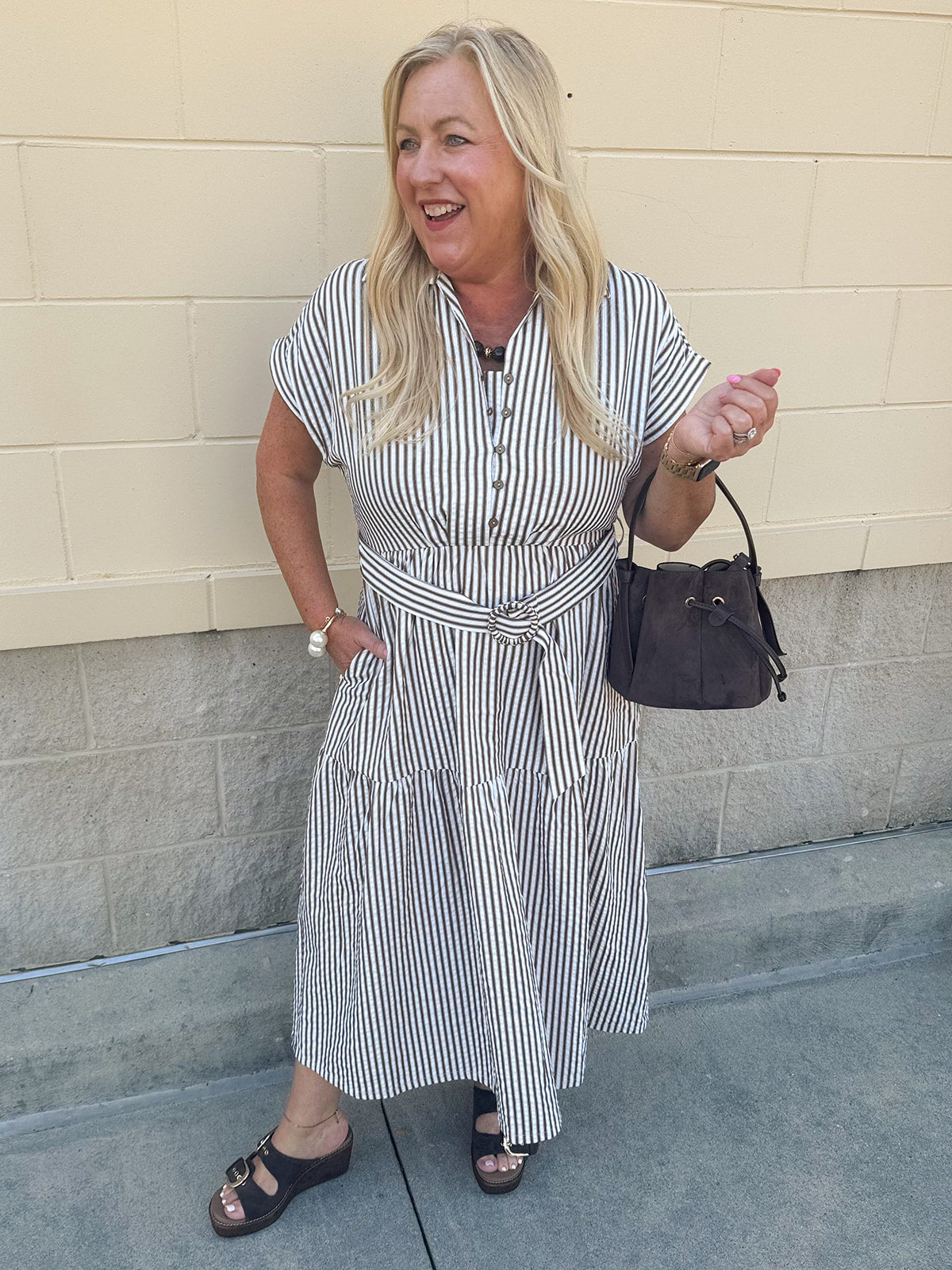Autumn Lane brown and white striped collared dress with waist tie