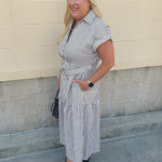 Autumn Lane brown and white striped collared dress with waist tie