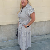 Autumn Lane brown and white striped collared dress with waist tie