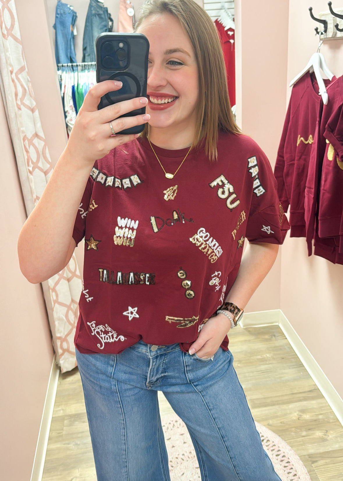 Garnet cap-sleeve crewneck top with sequined FSU logos and phrases on front and back