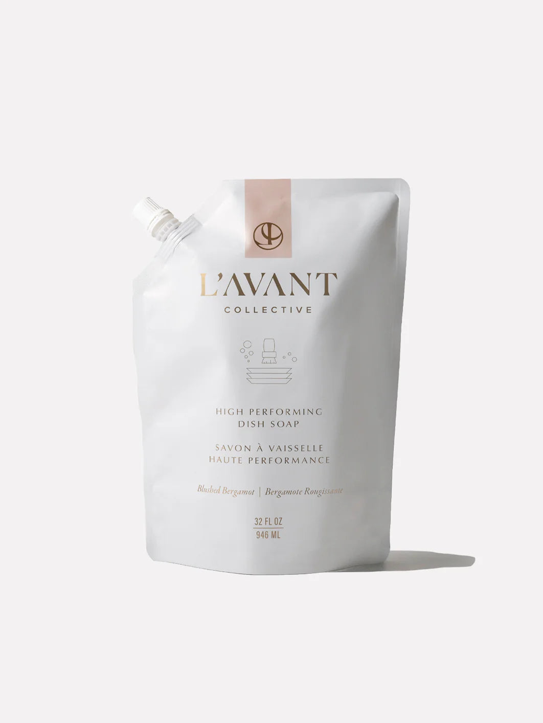 L'AVANT Blushed Bergamot Dish Soap Refill pouch with plant-based concentrated formula for grease-cutting dishwashing.