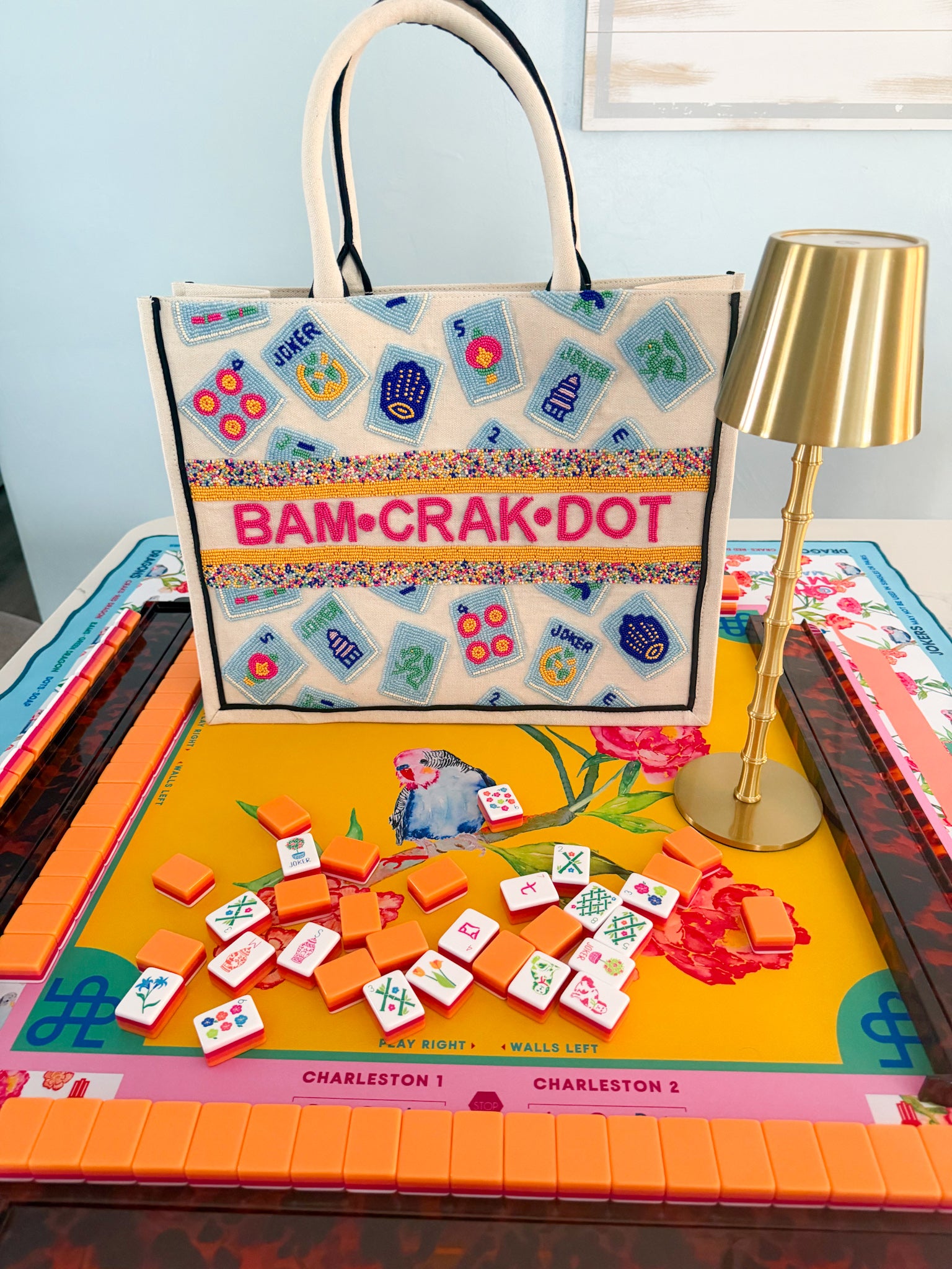 Bam Crak Dot Hand Beaded Mahjong Tote Bag