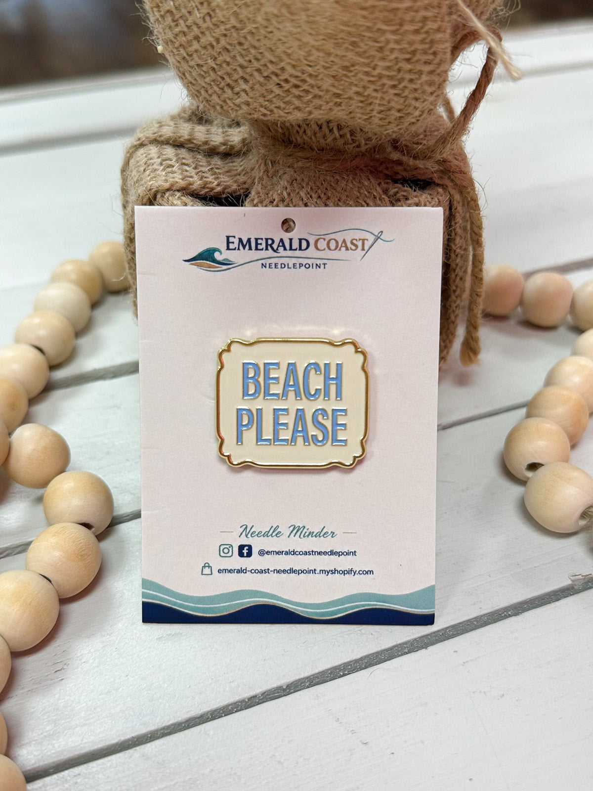 Beach Please needle minder with coastal blue lettering, cream enamel, and gold detailing
