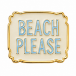 Beach Please needle minder with coastal blue lettering, cream enamel, and gold detailing