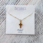 Close-up of Blessings Thick Cross Necklace with textured gold beaded chain and thick cross pendant on white background.