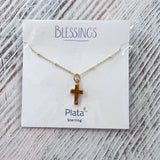 Close-up of Blessings Thick Cross Necklace with textured gold beaded chain and thick cross pendant on white background.
