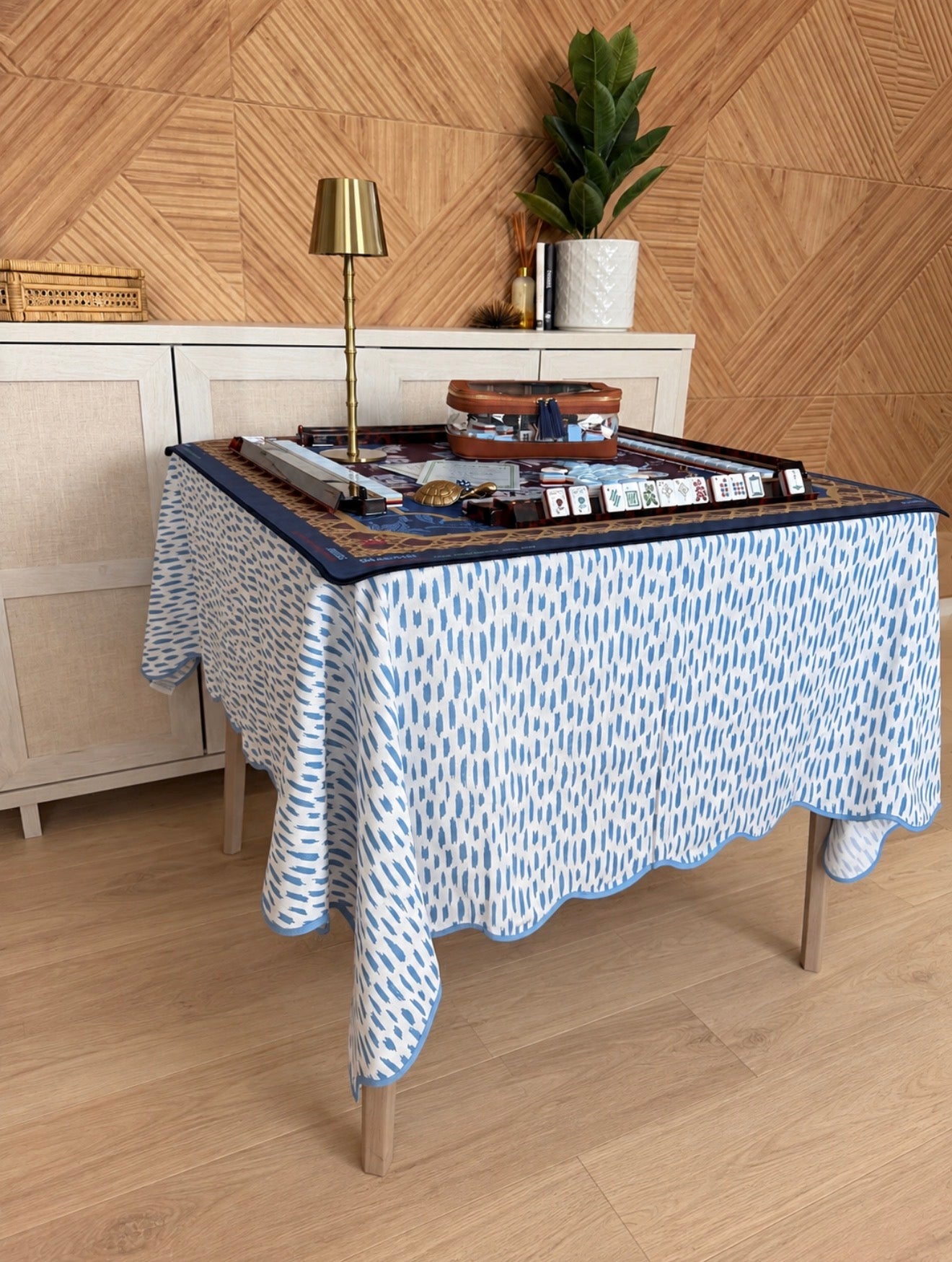 Blue Brushstroke Scalloped Mahjong Tablecloth
