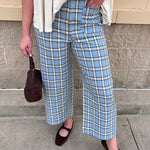 Blue check wide leg ankle pants with square front and back pockets