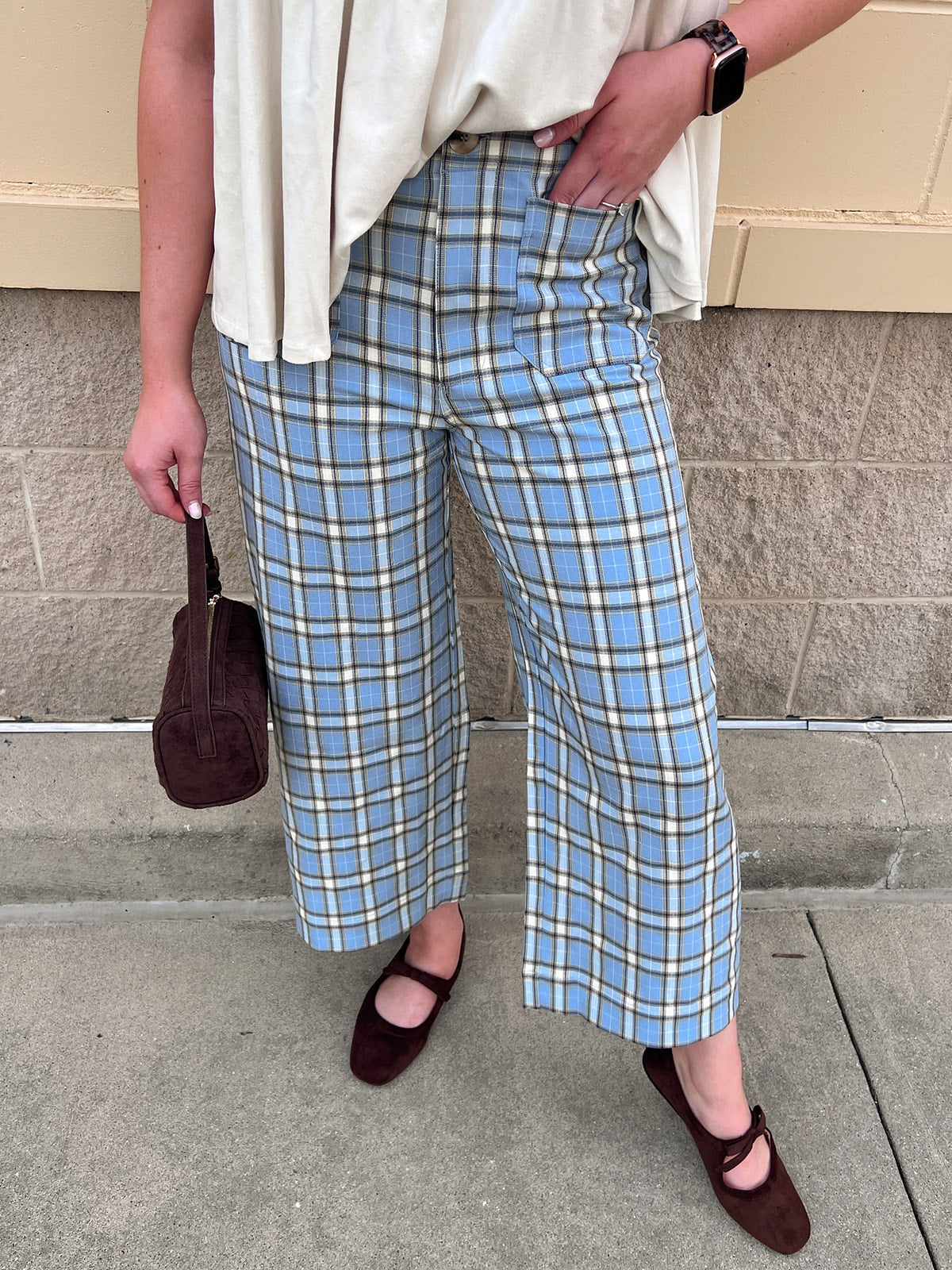Blue check wide leg ankle pants with square front and back pockets